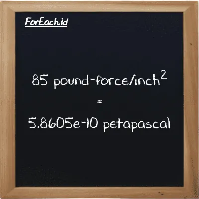 85 pound-force/inch<sup>2</sup> is equivalent to 5.8605e-10 petapascal (85 lbf/in<sup>2</sup> is equivalent to 5.8605e-10 PPa)
